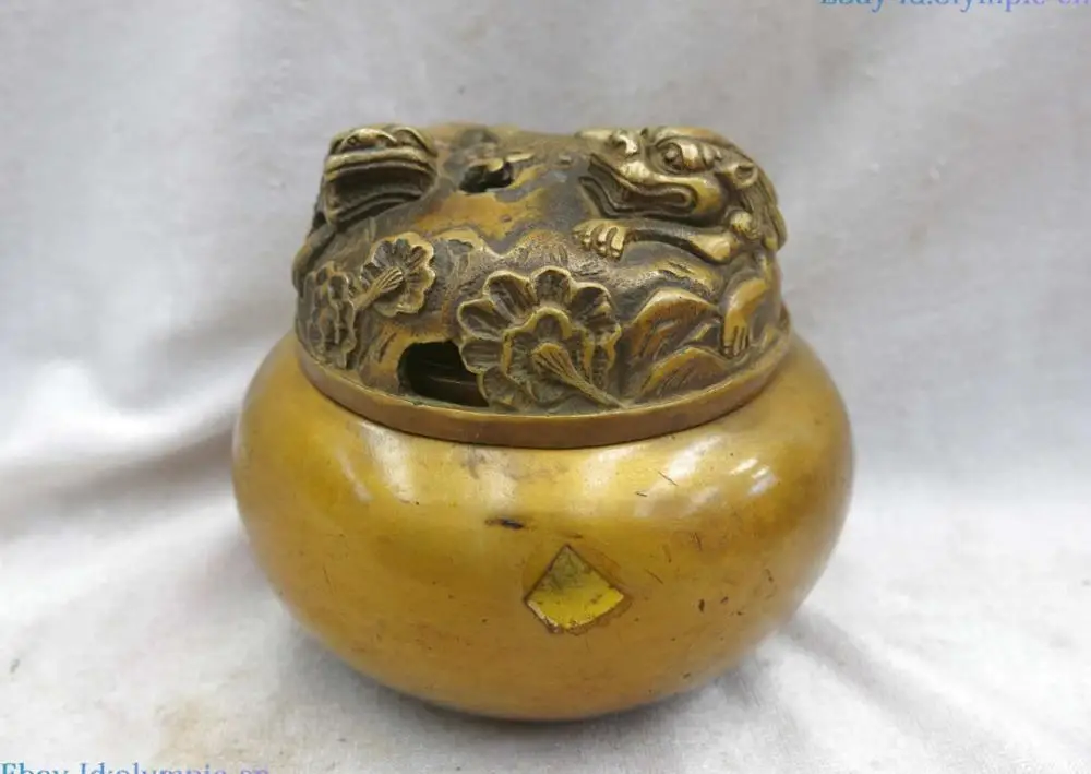 Fine brass censer China carved copper two tiger beautiful incense burner Statue