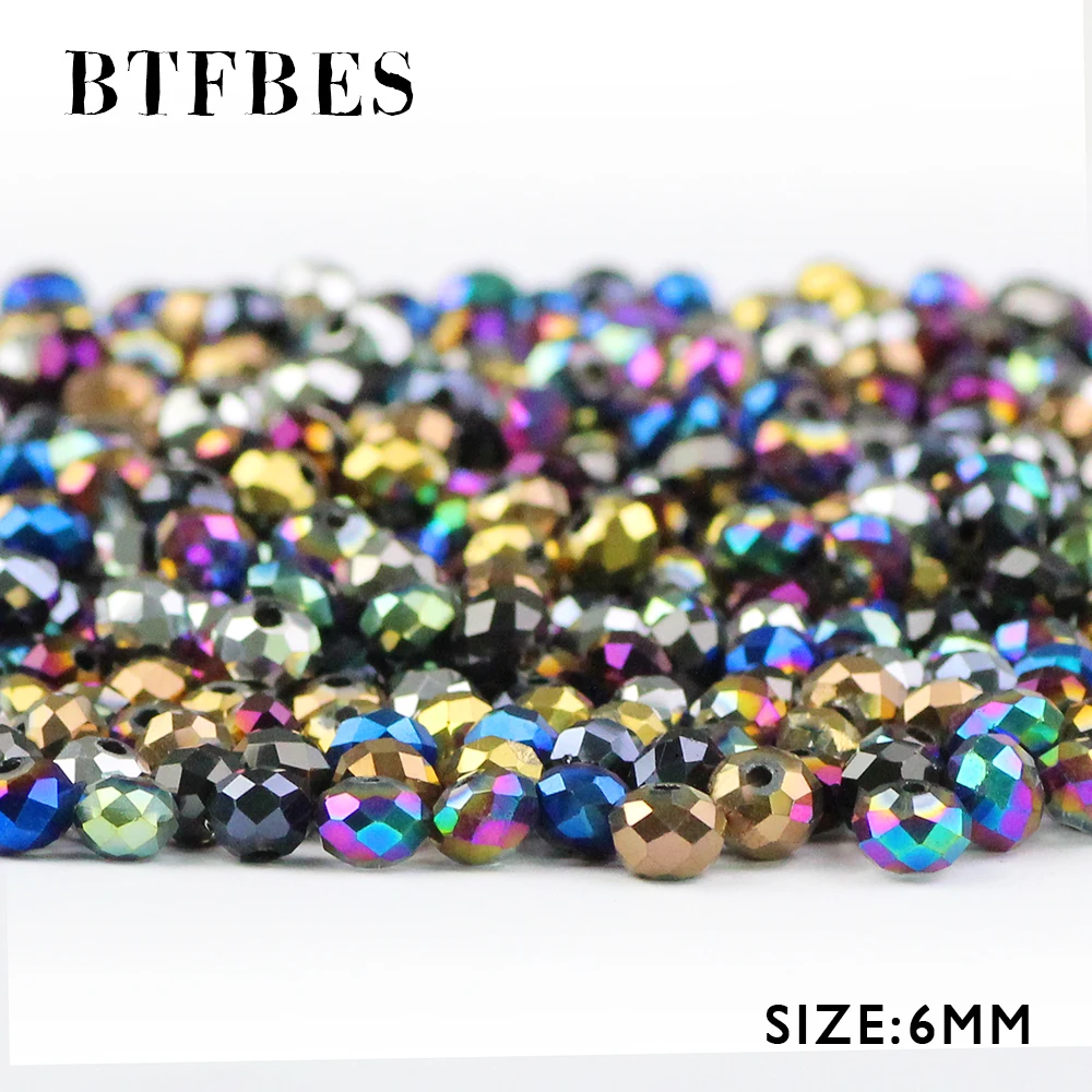 BTFBES 6mm Faceted Flat Round Austrian Crystals Loose Bead 50pcs Plating Glass Ball for Bracelets Jewelry Making DIY Accessories