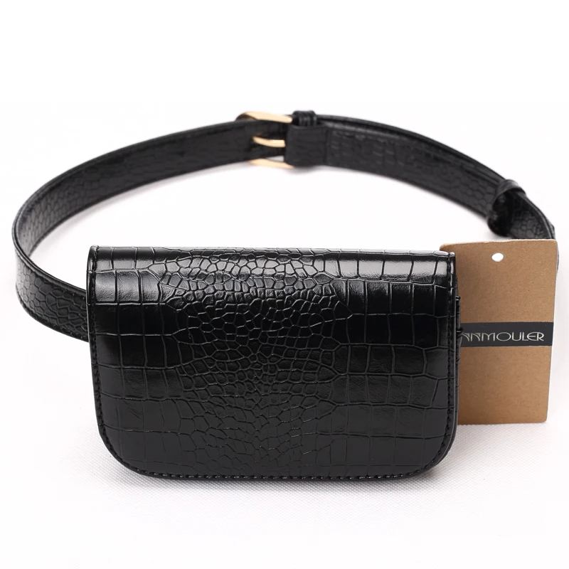 Annmouler Fashion Candy Color Waist Bag Alligator Pattern Women Waist Pack Black Adjustable Female Waist Belt Pu Funny Bags