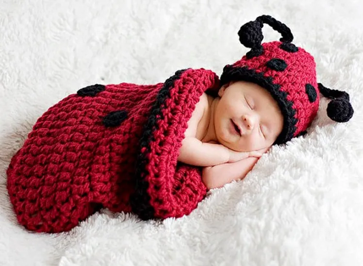 

Newborn Milk Cotton Hat Clothing Set Baby Boy Girl ladybug Handmade Crochet Toddler Beanie Cap Knitted Headwear Photography Prop