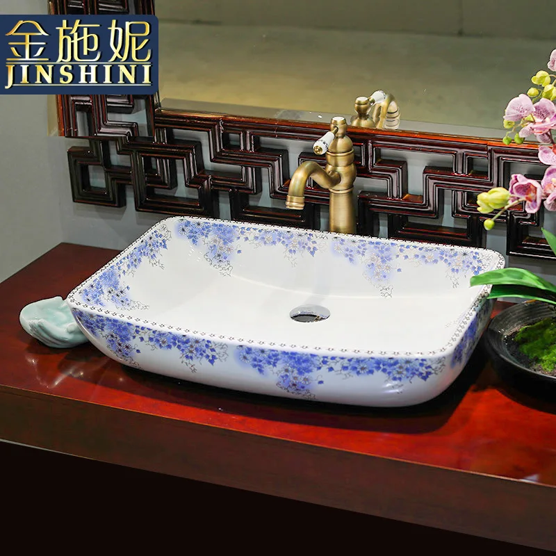 Gold jingdezhen ceramic art bathroom table basin wash basin blue and white