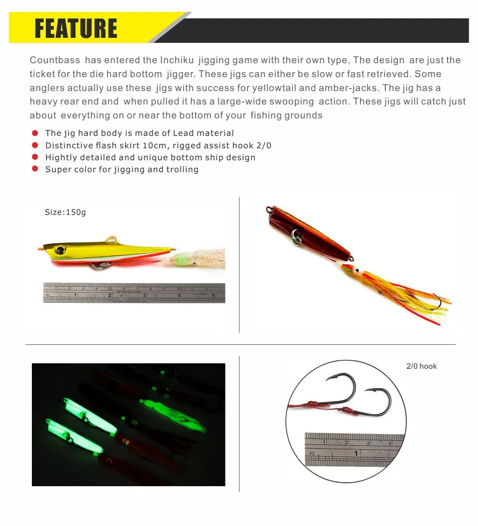 Countbass 150 g 5,3 Unzen Inchiku Jigs mit Octopus Assist Hook, Squid Jigging, Saltwater Bottom Ship Snapper Angelköder – Detail 5