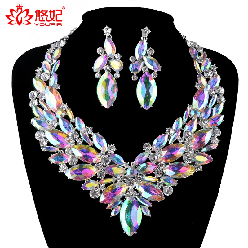 Gorgeous Bridal Jewelry Sets AB Color Marquise Crystal Necklace Earring Women Brides Party Fit Derss Prom Bridemad  Accessories