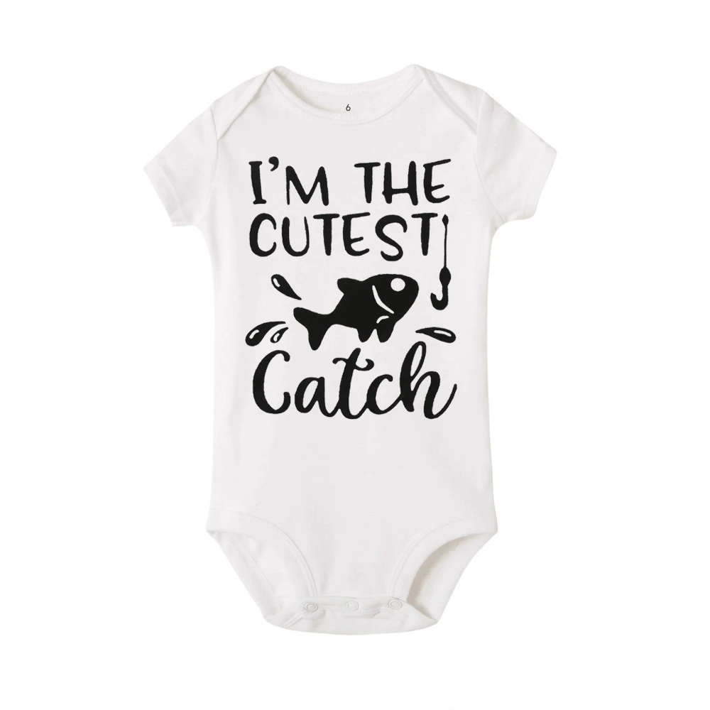 The Cutest Fish Catch Newborn Baby Boy Girl Short Sleeve Letter Print Romper Jumpsuit Outfits Baby Clothes 0-24M