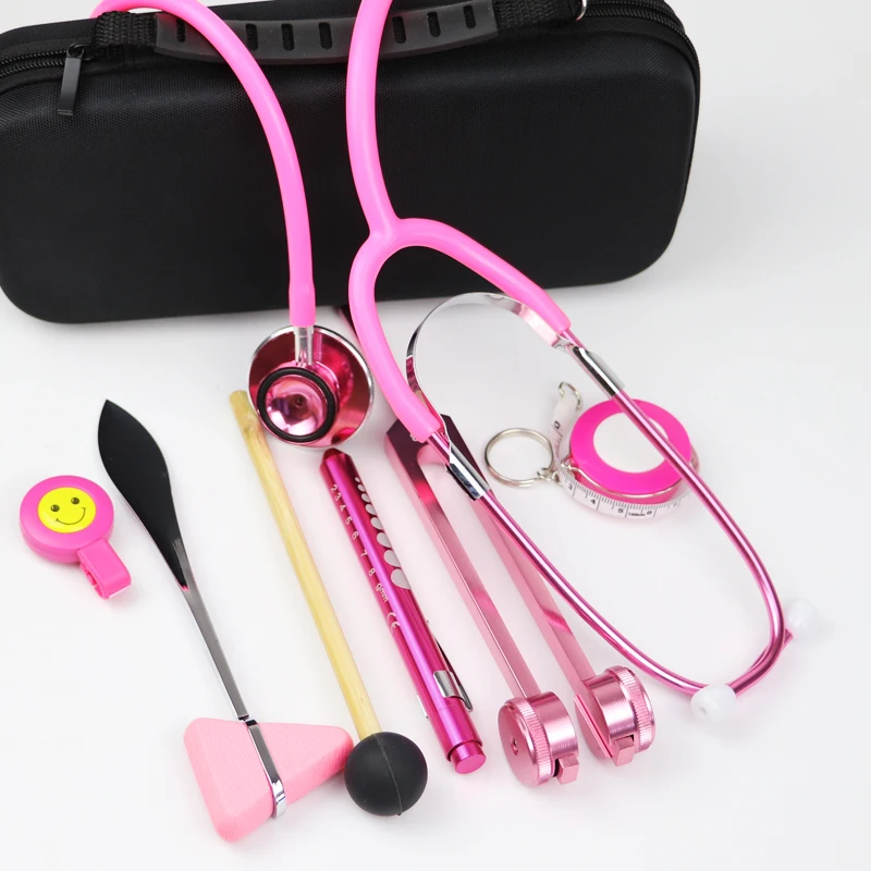 Classic Pink Medical Health Monitor Storage Case Bag Pouch Kit with Stethoscope Tuning Fork Reflex Hammer LED Penlight Package