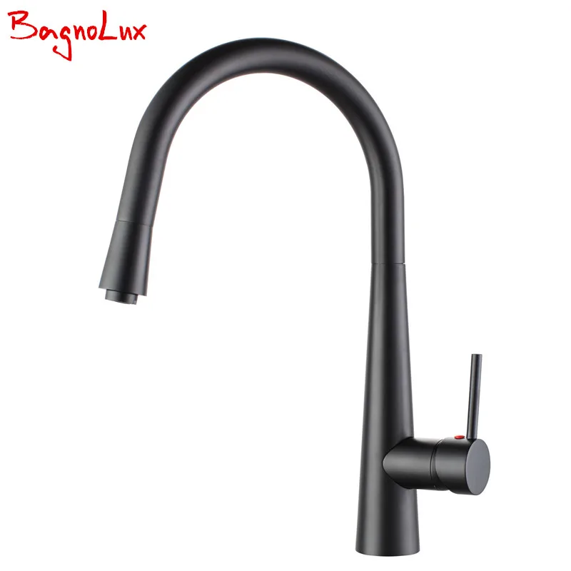 Single Handle Copper Pull Out Kitchen Sink Faucet With Retractable Watering Brass Spray High Arc Swivel Spout Matt Black 0619-MB