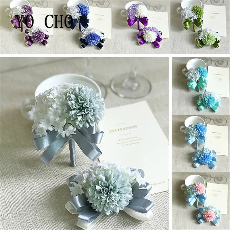 YO CHO Boutonniere Handmade Pink Hydrangea Ribbon Fake Flower Silk Corsages Boutonnieres White Blue Marriage Wedding Accessories