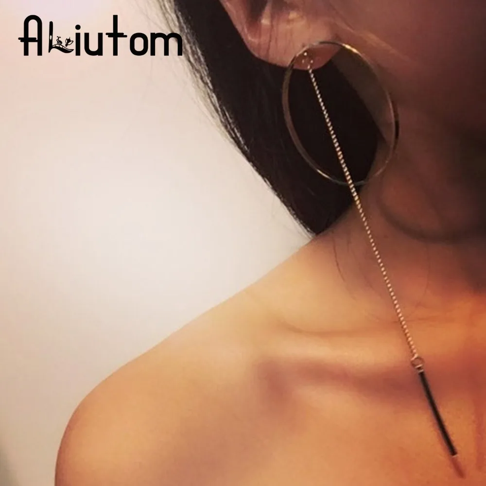 ALIUTOM Punk Unique Big Circles Earrings Charms Long Chain Tassel Drop Dangle Earring For Women Fashion Jewelry Bijoux