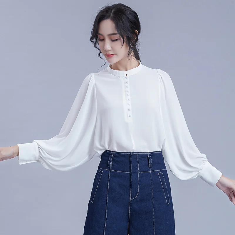 Warna Solid Korea Fashion Wanita Pakaian Blus Tombol Samping Kemeja Perempuan Balon Lengan Pakaian Kerja Wanita Atasan Musim Panas 2019 DD2134