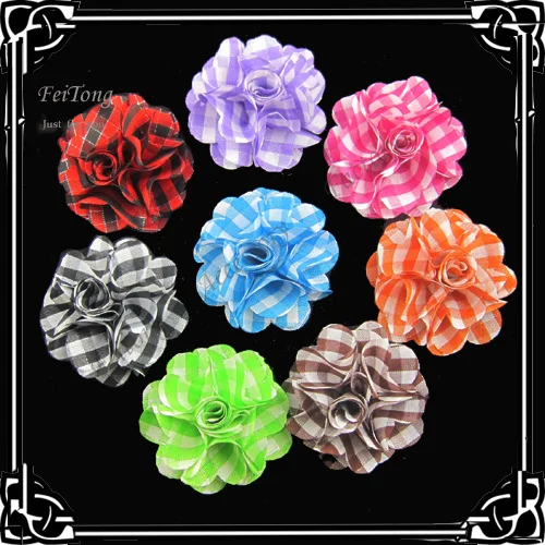 Free shipping!24pcs/lot 2.3 inch  New   checked fabric flowers   8colors for your choice