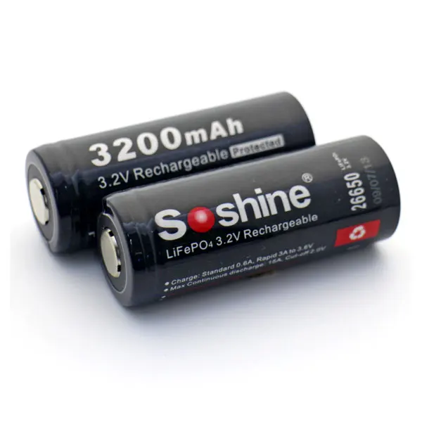 Soshine 2pcs Original 26650 Battery 3.2V 3200mAh LiFePO4 26650 Rechargeable Battery Protected Battery with Battery Case