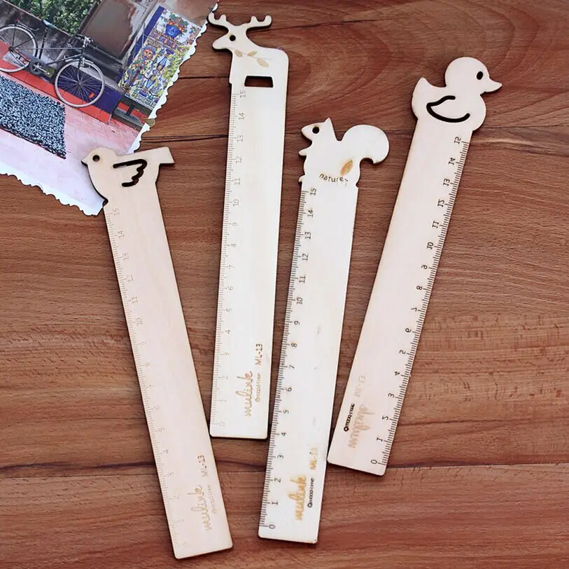 4 Pcs/Lot Cute Animal-Imaged Wood Ruler for School Stationery & Office Supply, Deer & Squirrel & Duck & Bird