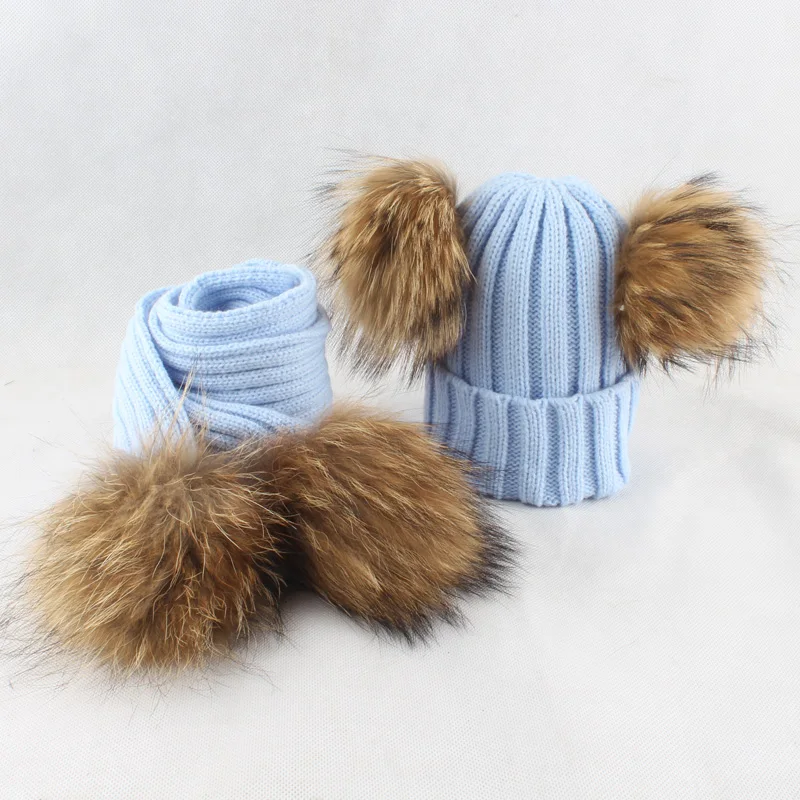 4 Pieces Pompom Hat Scarf Kids Winter Beanie Boys Girls Winter Cap Children Real Fur Pompom Hats Baby Knitted Hat and Scarf Set