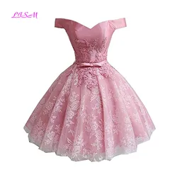 Weg von der Schulter Mini Homecoming Kleid Spitze Applique Kurze Prinzessin Prom Kleider Rosa Tüll Cocktail Kleid vestidos de graduacion