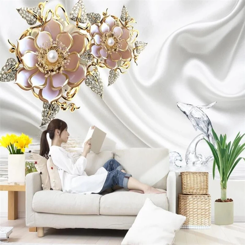 Custom wallpaper 3d photo murals white flower jewelry dolphin TV background wall papers home decor papel de parede 3d wallpaper