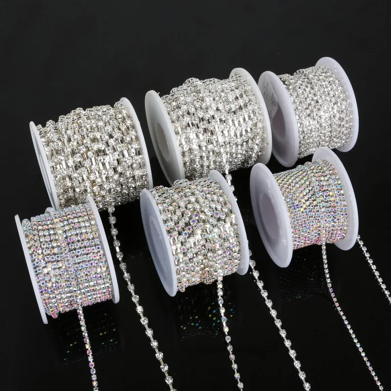 10yards/roll Charming Rhinestone Chain Clear/White AB Rhinestone Silver Plated Chain Craft Apparel Sewing DIY Clothes Accessory