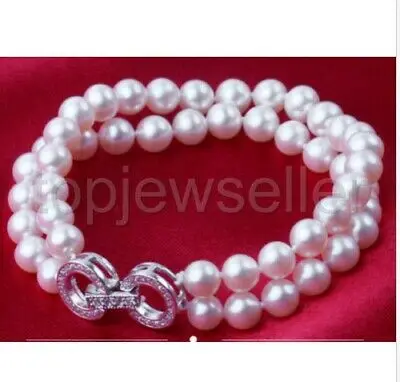 

2rows 9-10mm south sea round white pearl bracelet 7.5-8inch Free shipping