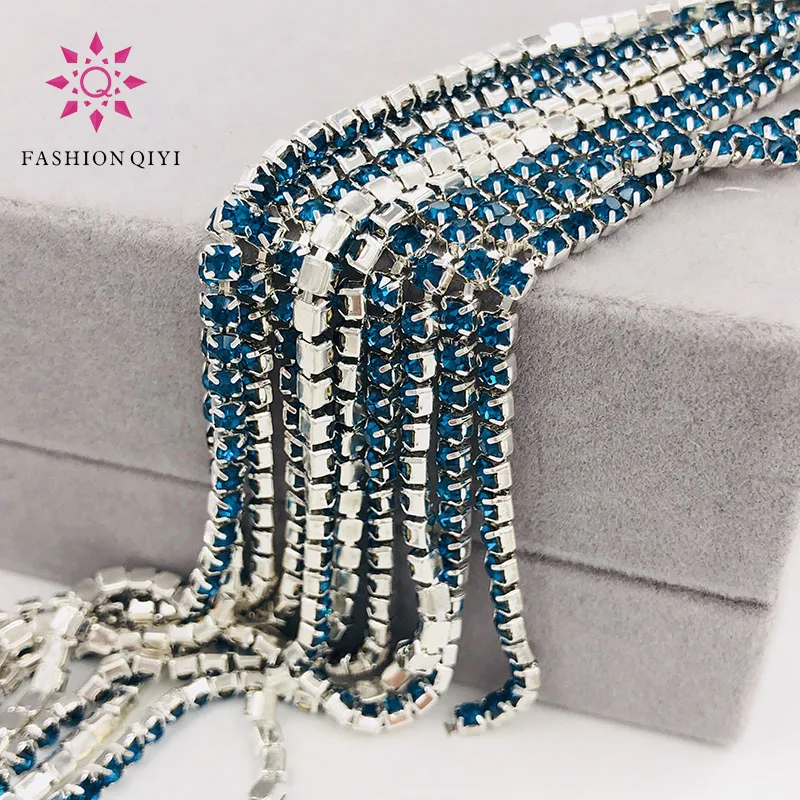 

Free shipping 5 yards Super bright encryption Peacock blue 2mm-4mm silver base rhinestones cup chain,diy clothing accessories