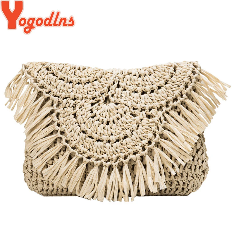 Yogodlns Newest Hot Summer Women Tassels Straw Rattan Wicker Weave Shoulder Bags Handbag Flap Ladies Holiday Beach Crossbody Bag