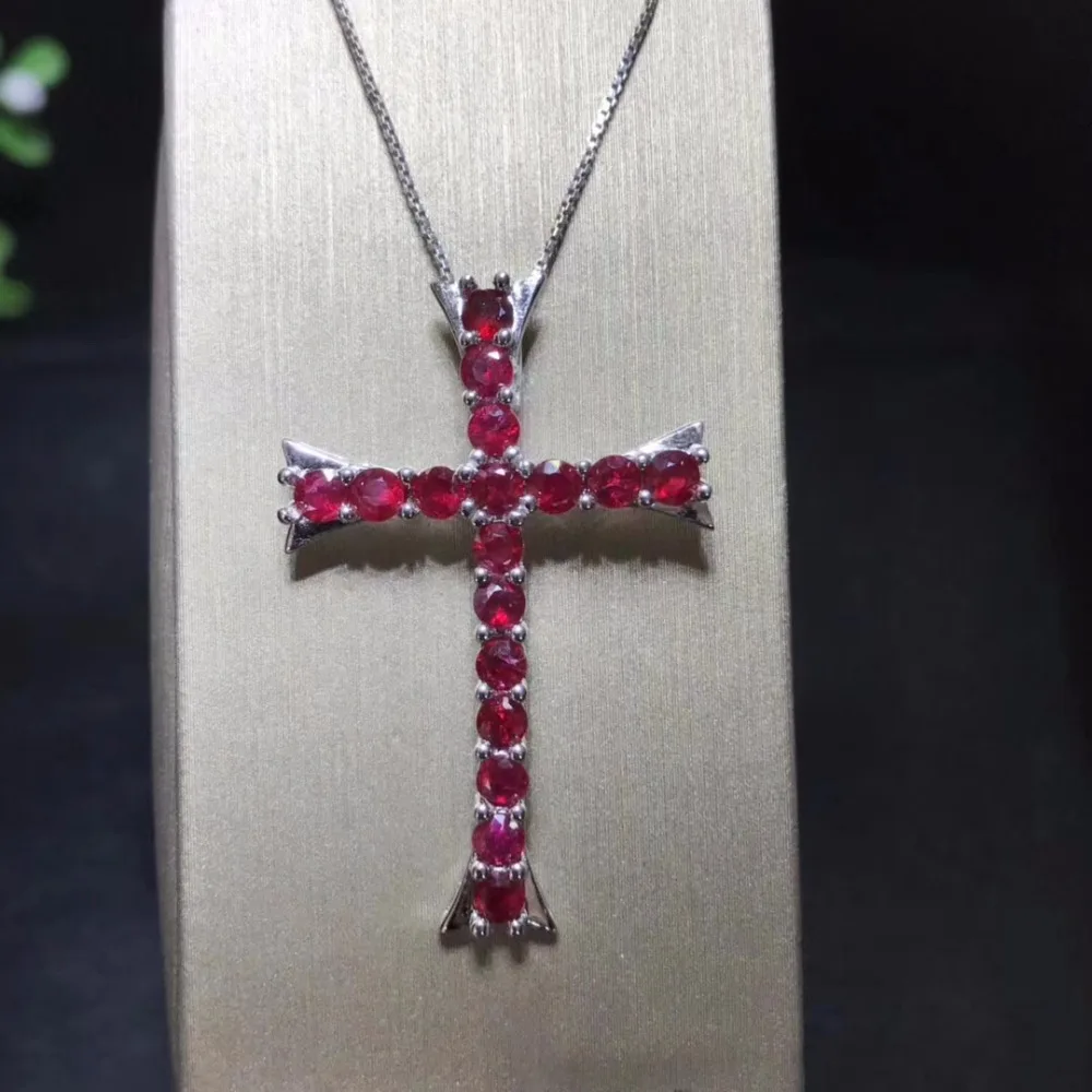 Cross style natural ruby necklace, multi color, 925 silver high-end color treasure.