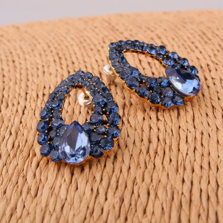 Luxury vintage Blue Crystal Oval Stud Earrings For Women Natural Stone Fashion Big Earrings  Piercing Jewelry Bijoux