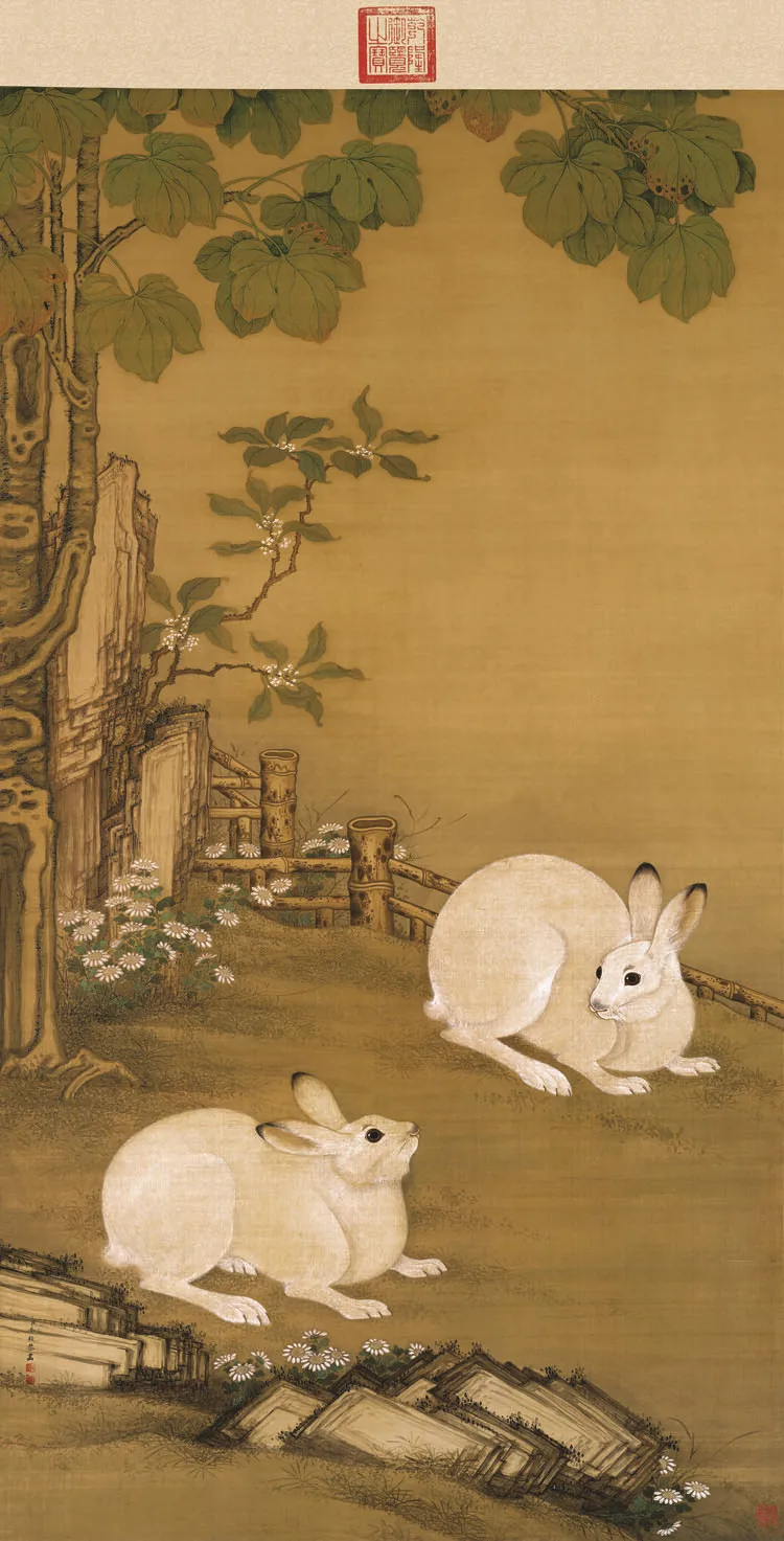 Scenery paintings traditional Chinese style mural prints  art  two rabbits under a tree Qing Dynasty masterpiece reproduction