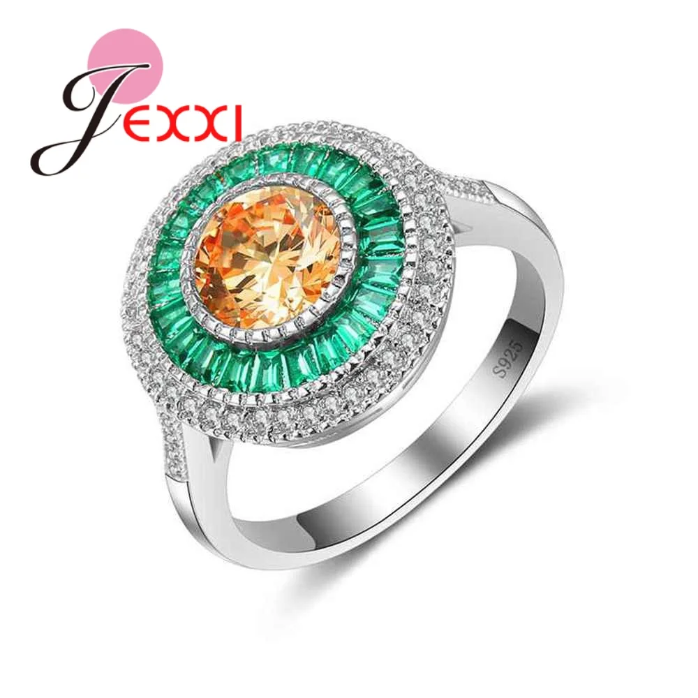 Fashoin Green & Champagne Cubic Zirconia Round Finger Rings 925 Sterling Silver Needle Jewelry for Women Girls Wedding Bague