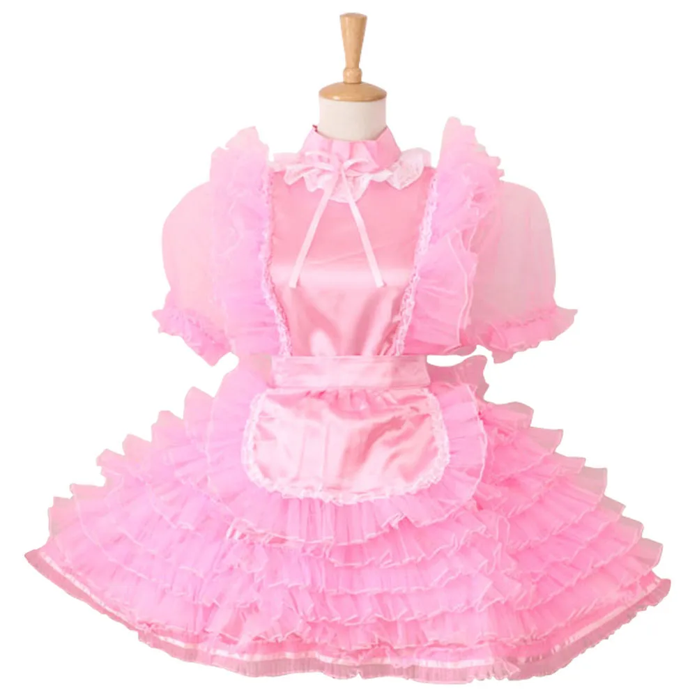 Custom Made Prissy Sissy Maid Satin Puffy Dress Uniform Cosplay Costume For Halloween Party