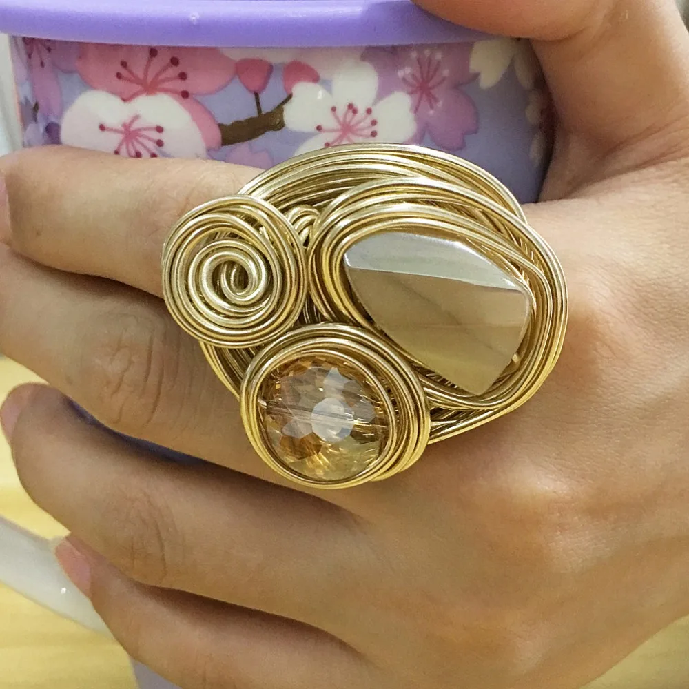 MANILAI Boho Handmade Big Champagne Crystal Rings For Women Fashion Jewelry Gold Color Wire Helical Wound Beads Finger Ring