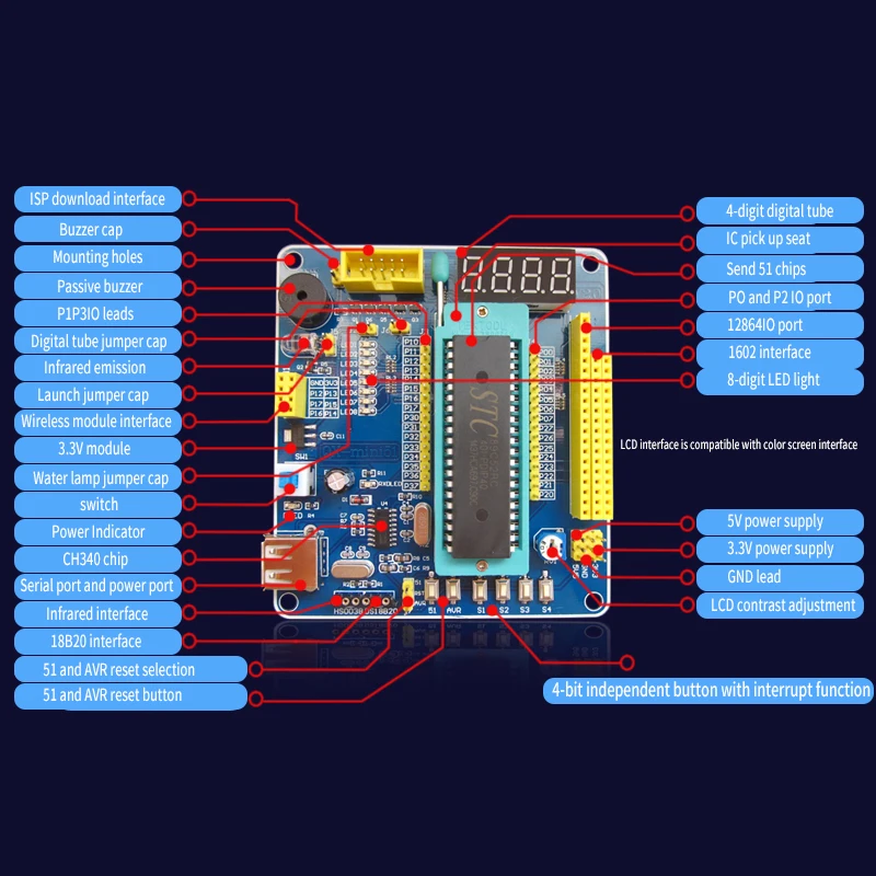 51/AVR MCU Minimum System Board 51 MCU Development Board 51 MCU Learning Board with  LCD