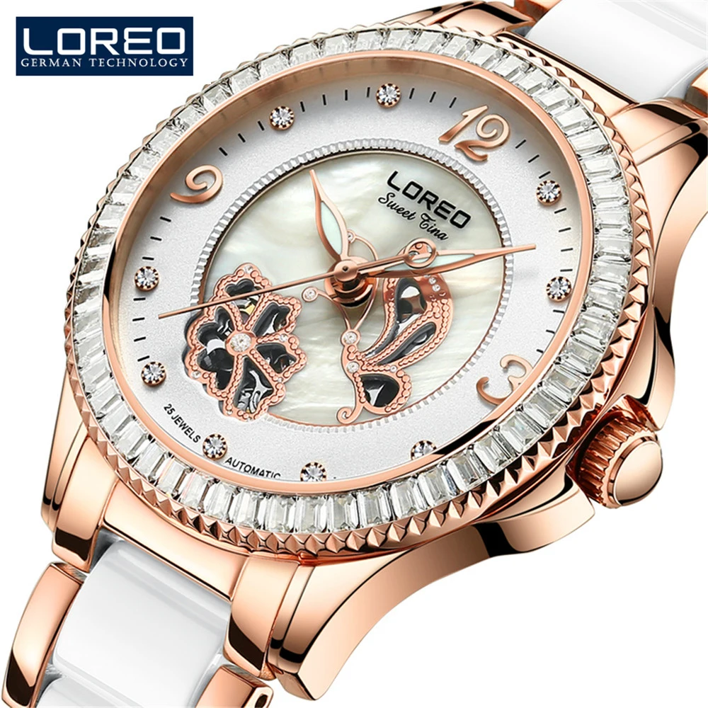 Waterproof 50M Women Luxury Rhinestone Ceramic Steel Automatic Mechanical Watches Ladies Business Watch LOREO Relogio Feminino