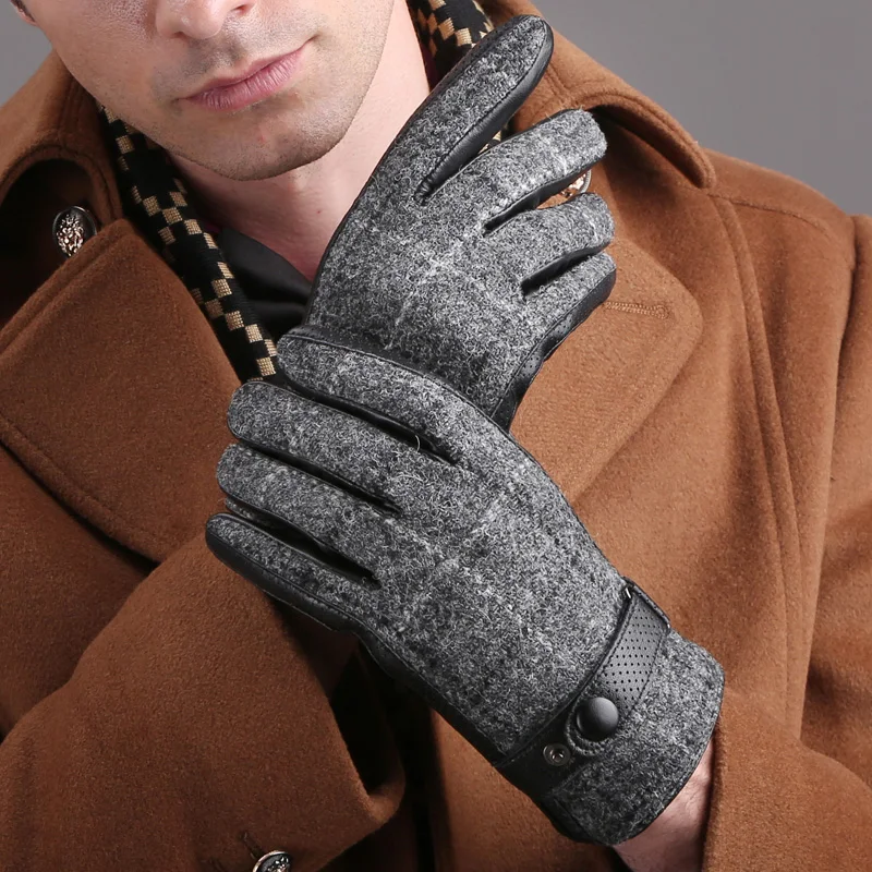 Genuine Leather Men Gloves Business Sheepskin Autumn Winter Plush Lined Hand Back Wool Cloth Driving Leather Gloves TB05