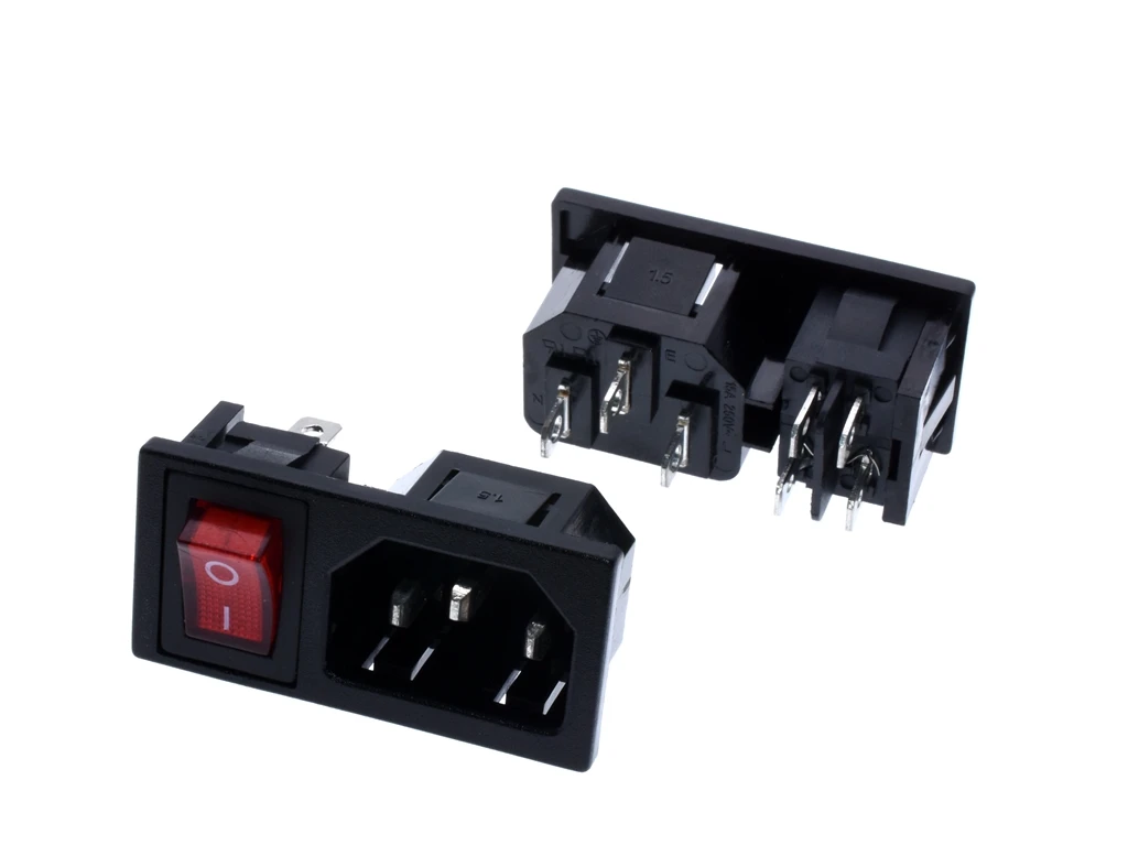 3Pin Red Rocker Switch Fused IEC 320 C14 Inlet Power Socket Fuse Switch Connector Plug Connector AC 10A 250V