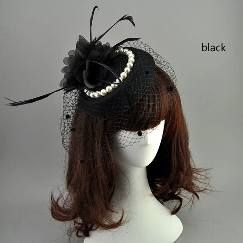 E JUE SHUNG Cô Dâu Lưới Chiếc Mũ Lông Trắng Đỏ Đen LỒNG CHIM Lưới Cưới Nón Cô Dâu Fascinator Mặt Mạng Che Mặt Ngọc Trai Cô Dâu nón