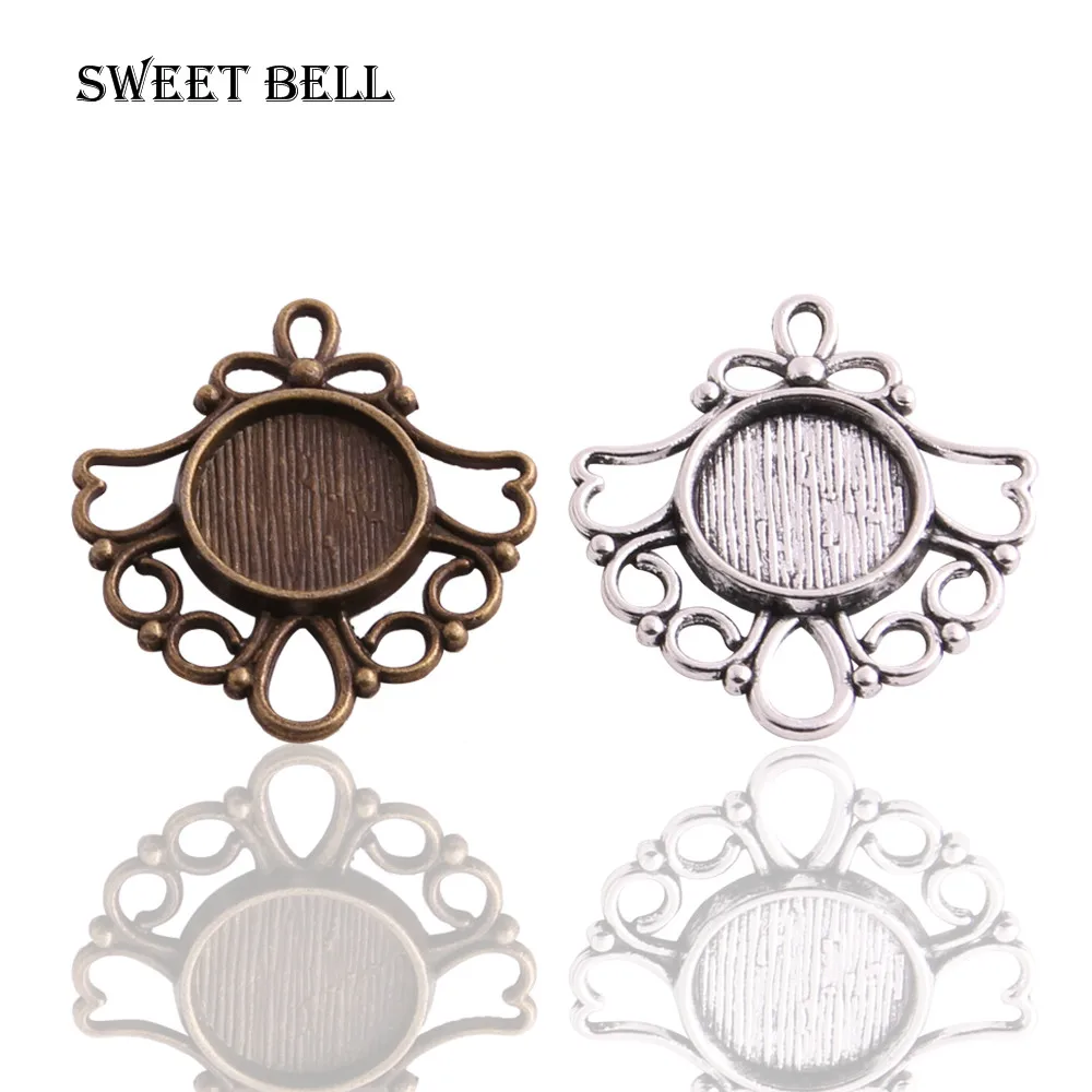 30pcs two color Metal Cameo Flowers Filigree 26*29mm(Fit 12mm dia) Round Cabochon Pendant Setting Jewelry Blank Findings 7B1174