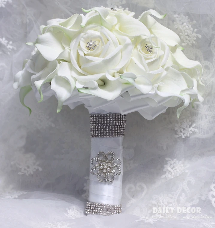 Real Touch PU rose Calla Lily wedding bridal bouquet bride Holding / hand hold flowers white artificial flower wedding bouquet