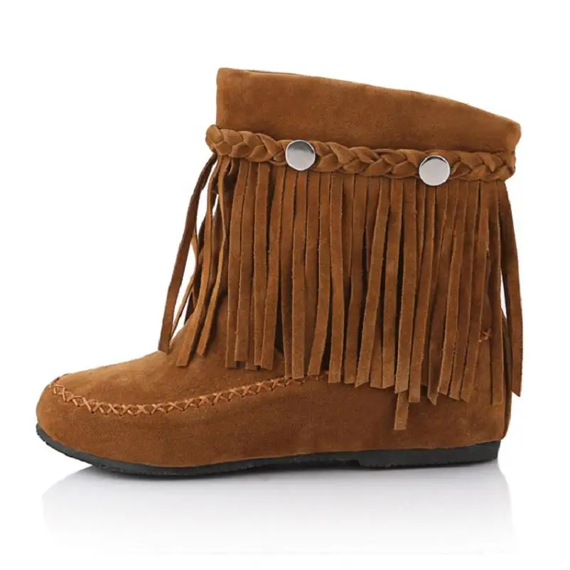 AIYKAZYSDL Bohemian gypsy boho ethnic national women tassel fringe Faux suede leather ankle boots woman girl flat shoes booties