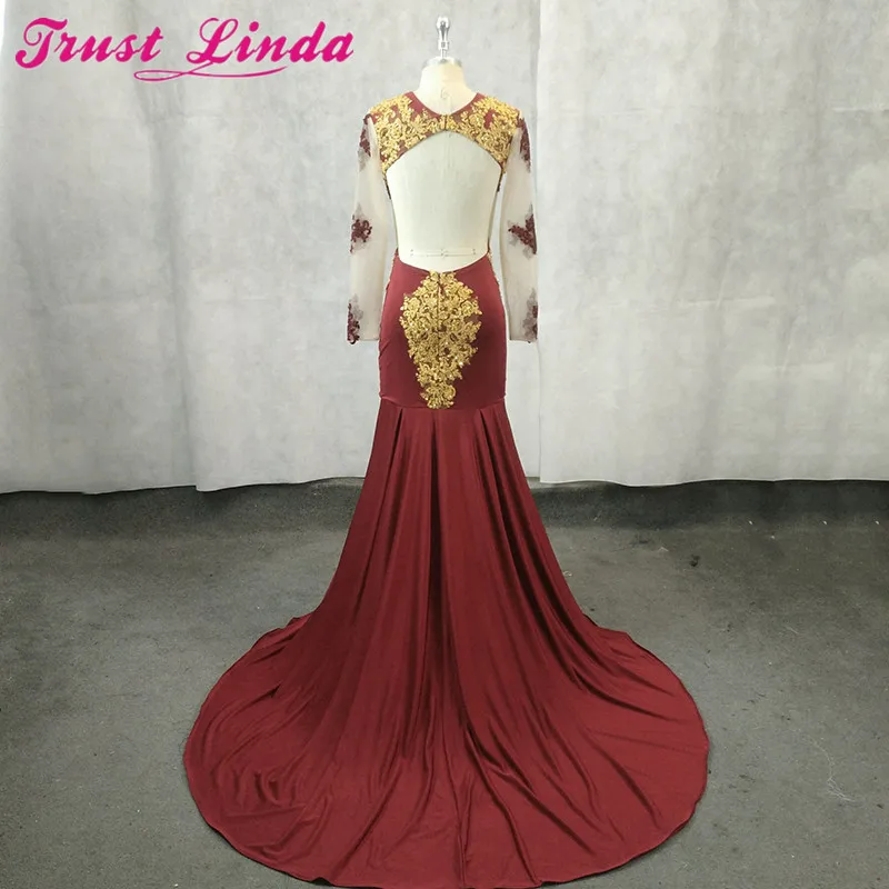 Real Photo Sexy Burgundy Mermaid Mother Dresses Gold Appliques Bridal Party Wear Prom Gowns Red Carpet