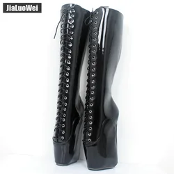 jialuowei Brand 18CM Super High Heel Wedges Ballet Boots Women Stange heels Patent Leather Cross-tie Sexy Fetish Knee High Boots