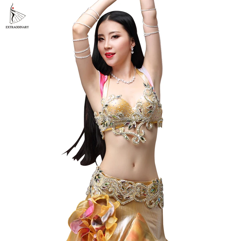 

Danse Oriental Dancing Costume Performance Carnival Bra Belt Women Luxury Outfits Golden Clothes Eastern Style rhinestone bra