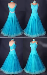 customize sleeveless blue adult Viennese Ballroom Fox trot Quick step tango Modern galop Waltz diamond competition Dance Dress