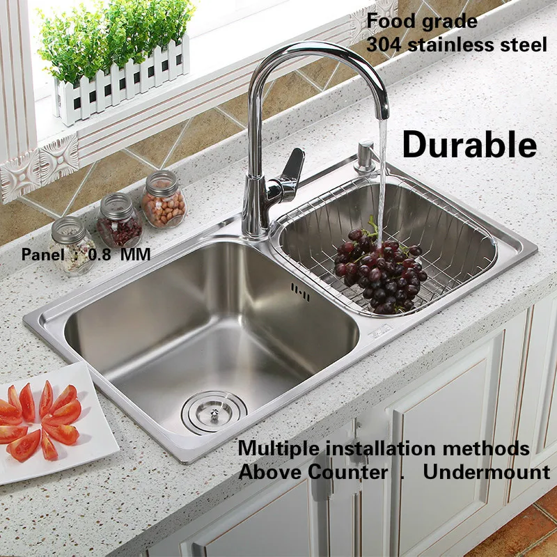 Free shipping Home kitchen double groove sink wash vegetables luxury 304 stainless steel hot sell 780x430/820x450 MM