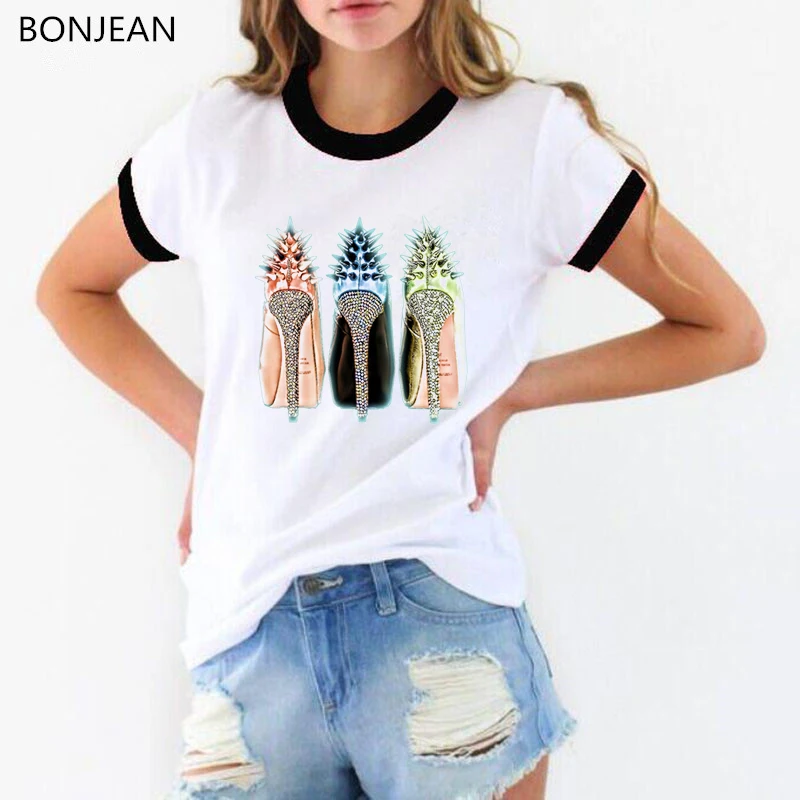 Fashion High Heels Shoes Printed Tshirt Women Harajuku Punk Shirt 90s Hipster Tops Tees White T Shirt Cool Streetwear