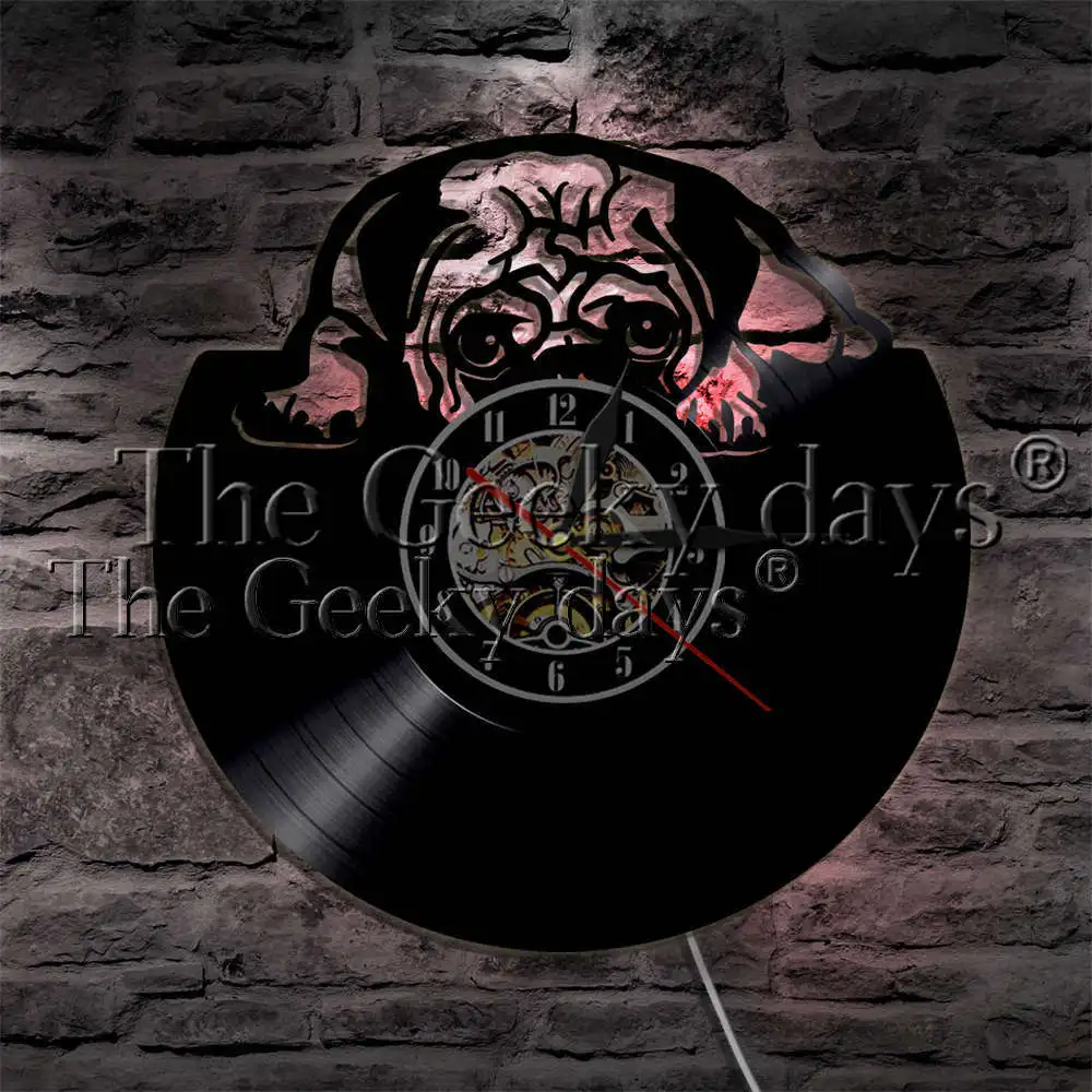 Tummy Lying English Bulldog Vinyl Record Wall Clock With LED Backlight Pet Puppy Cute Pug Dog Animal LED Modern Lighting