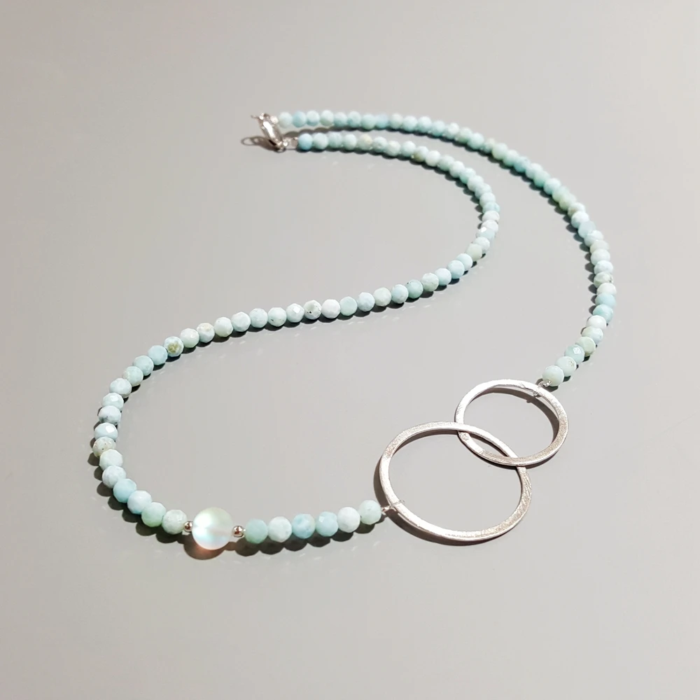 Lii Ji Larimar Natural Stone Necklace 925 Sterling Silver 18K Plated Geometric Double Circle Necklace 45cm Delicate Jewelry