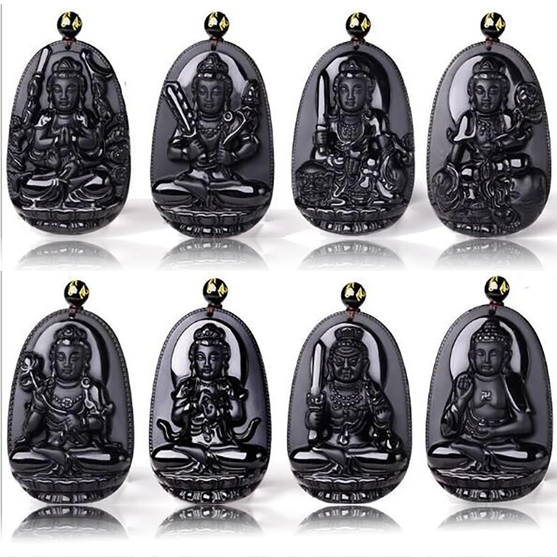 Natural Obsidian Pendant Necklace Talisman Patron Saint Buddha Bodhisattva Amulet Women/Men Jewelry Pendants With Lucky Chain