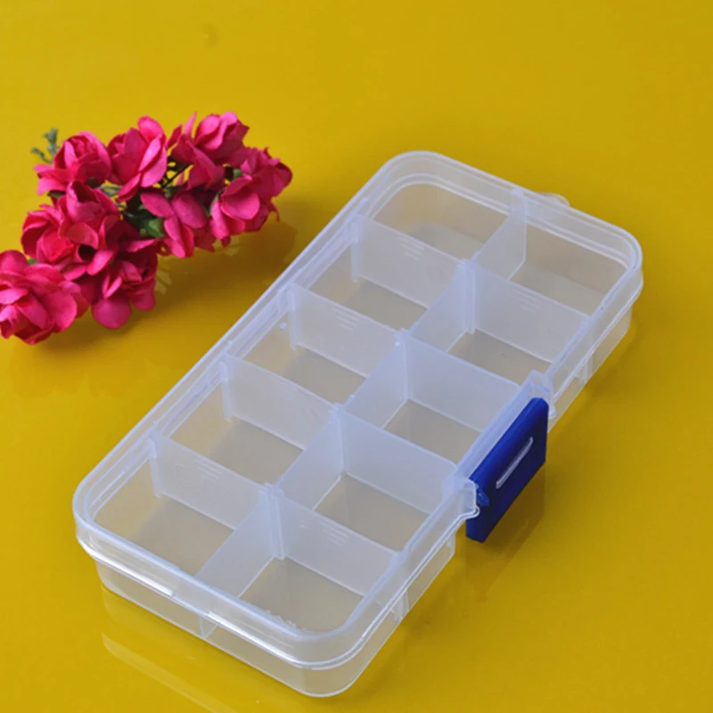 Caja de almacenamiento de plástico para decoración de uñas, contenedor vacío de 10 compartimentos para polvo cosmético, purpurina, gemas, diamantes