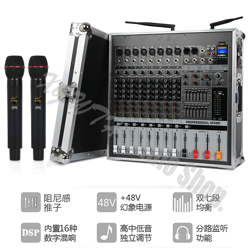 1000W+1000W Amplifier Mixer Professional DJ 8 Channel Mixer Console Stage Performance Airbox Wireless Dynamic Microphone