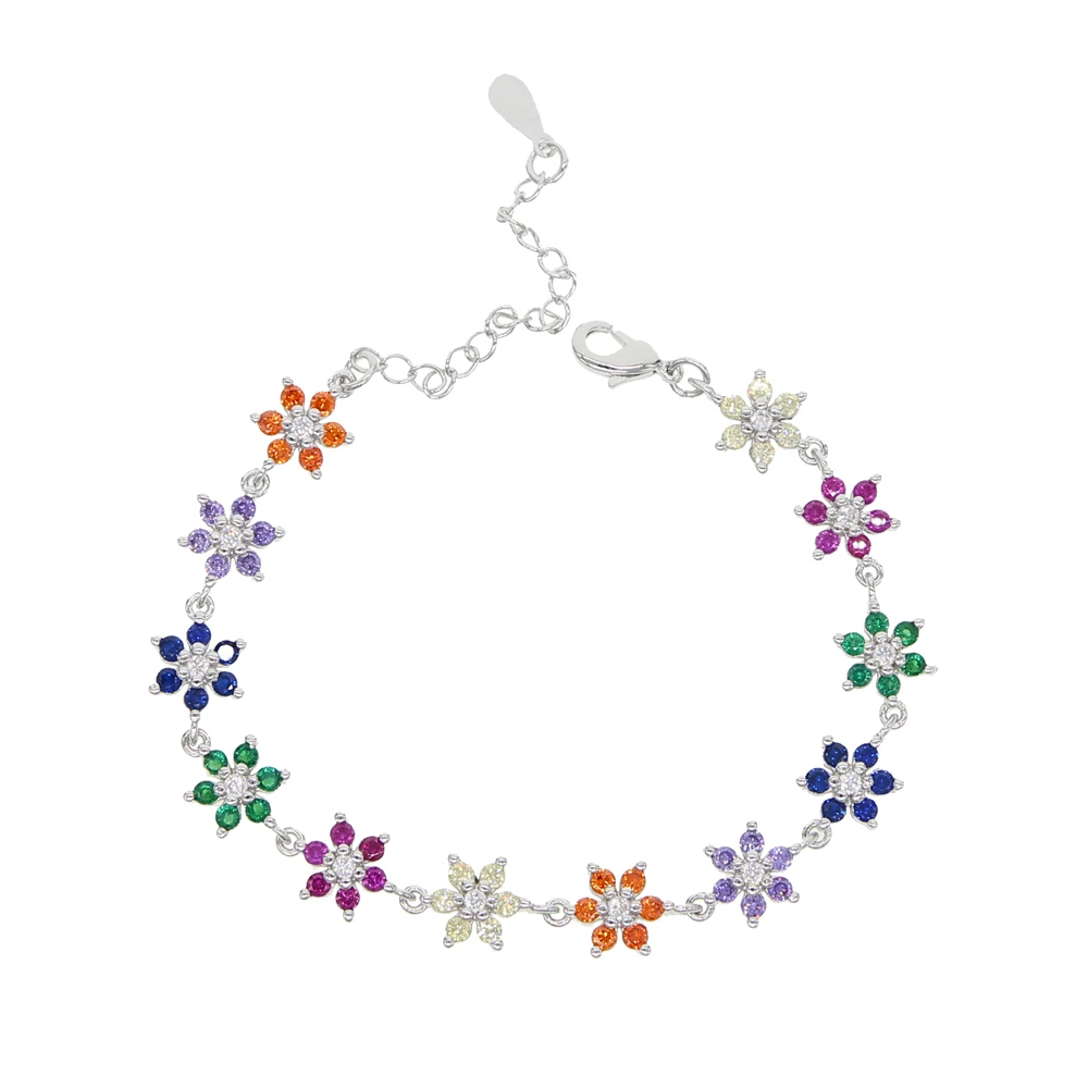 Gold silver Color Red Green Blue CZ Paved Flower Charm Bracelets Bangle Link Rainbow Zircon Stone Fashion Tennis Chain Jewelry