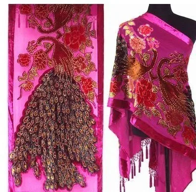 Novelty Hot Pink Female Silk Satin Velvet Cape Embroidery Beaded Pashmina Stole Chinese Style Peacock Muffler 175 x 54cm C020